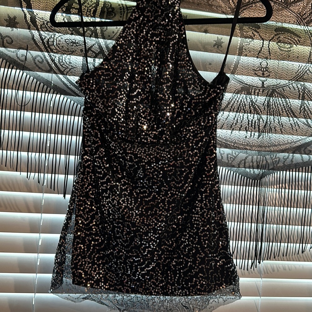 Women’s silver and black sparkly halter top